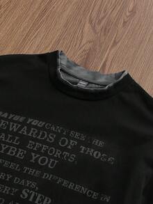 SWAVVY Men's Knit Casual Daily Young English Print Patchwork Loose Long Sleeve T-Shirt Knit Long Sleeve Tee Black And Grey Graphic Tee Mens Long Sleeve T-Shirt - Black - View 2