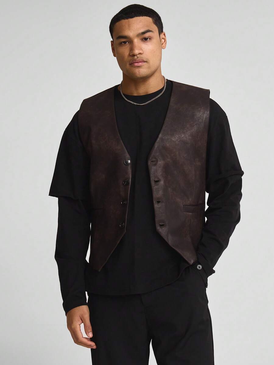 Musero Sleeveless Button Up Waistcoat Jacket Smartwear Washed PU Leather Style SPRING SUMMER Essentials Smart - Brown - View 1