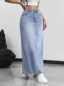 SHEIN Tall Falda vaquera larga casual desgastada y desgastada para mujer - Azul - Ver 4