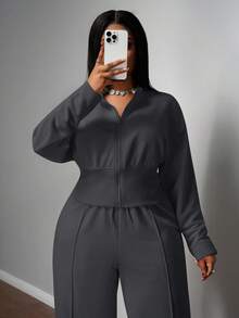 Slaydiva Bộ áo và quần dài màu trơn dáng rộng dành cho nữ, kiểu dáng thường ngày, quần ống rộng. - Màu xám đen - Xem 15