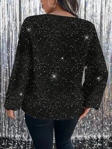 EMERY ROSE Sequin Polka Dot Casual Minimalist Plus Size Shirt, Suitable For New Year Party,Spring/Summer/Vacation - Black - View 2