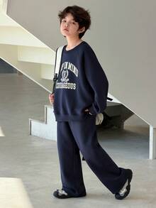 DAZY 青少年男孩字母印花圆领长袖卫衣和运动裤休闲套装 - 藏蓝色 - 查看 6