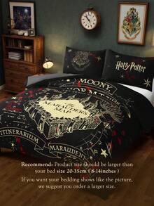 HARRY POTTER X SHEIN 3件套“活点地图”印花三件套被套，采用磨毛面料，柔软保暖，黑色被套，有多种尺寸可供选择，适合单人床/双人床/特大号床/超大号床。 - 深灰色 - 查看 6