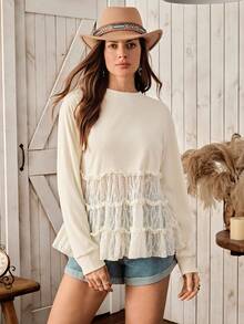 Wildy 休闲蕾丝拼接长袖T恤，美式乡村风格基础款女装，秋冬款 - 杏色 - 查看 4