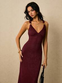 Poéselle 女士纯色甜心领修身优雅无袖连衣裙 - 酒紅色 - 查看 2