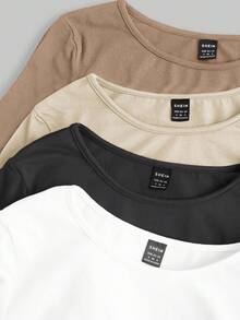 SHEIN EZwear Áo thun nữ tay dài cổ tròn dáng suông, chất liệu dệt kim, có chi tiết nhún bèo, màu trung tính, nhiều mẫu, áo tay dài, áo croptop, áo ôm sát, áo tay dài nữ. - Nhiều màu - Xem 7