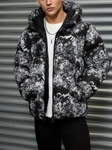 EURMUSE Men Graphic Pattern Regular Hooded Padded Coat - Black and White - View 6