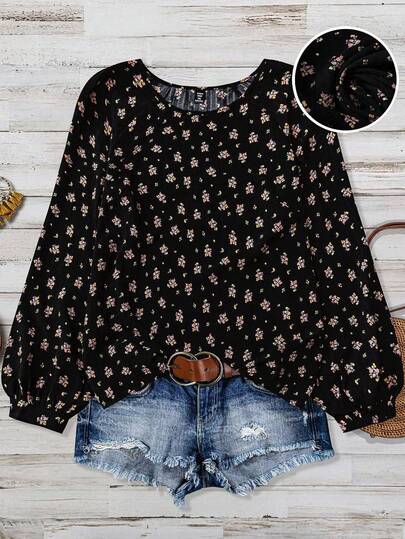 SHEIN Tall CURVE Women's Plus Size Simple Round Neck Texture Bubble Wrinkle Print Full Small Floral Raglan Sleeve Top Western Summer Women Boho