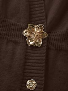 SHEIN Franclia New Autumn V-Neck Waist Cinched Knitted A-Line Dress, Elegant And Intellectual - Chocolate Brown - View 3