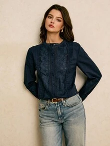 Poéselle Women's Casual Lace Patchwork Floral Embroidery Long Sleeve Shirt, Autumn Cotton - Navy Blue - View 4