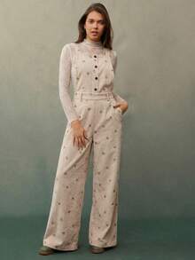 WESTFADE Quần yếm ống rộng thoải mái bằng vải nhung kẻ thêu hoa, thích hợp cho mùa thu, đông, phong cách boho, trang phục thường ngày kiểu miền Tây cho nữ, trang phục đi xem hòa nhạc đồng quê dễ thương, Halloween. - Màu be - Xem 1