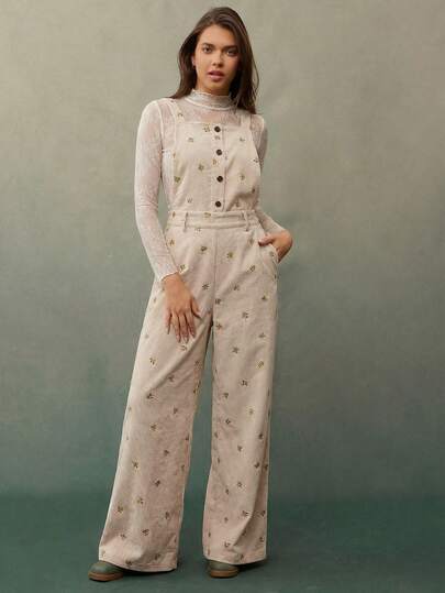 WESTFADE Floral Embroidered Corduroy Relaxed Wide Leg Overalls Fall, Autumn, Winter, Boho Outfit, Casual Western Wear For Women, Cute Country Concert Outfit, Halloween