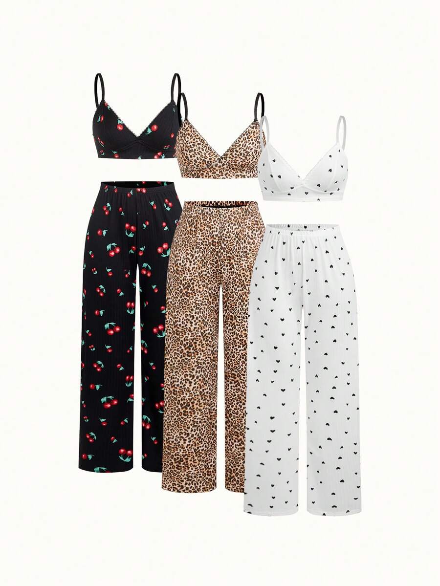 Bonmuse 3件套女士豹纹、心形、樱桃印花舒适内衣套装 - 彩色 - 查看 1