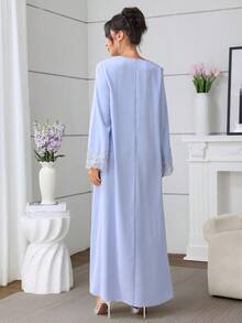 Al Najma 女款純色V領寬鬆刺繡領優雅長袖喇叭裙 - 藍色 - 查看 5