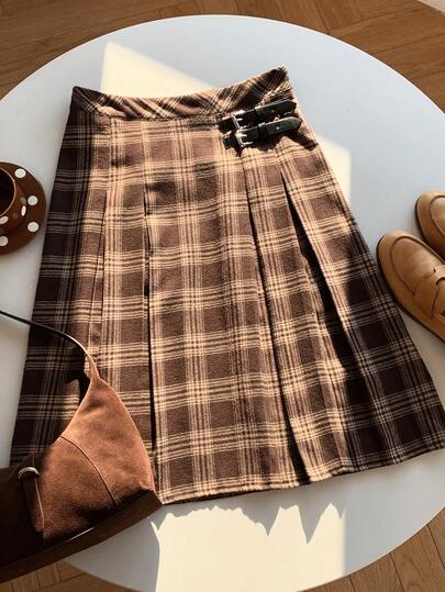 Comfortcana 女士格子印花拼接复古A字裙