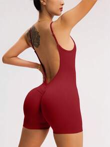 Core Rhythm 女士纯色露背吊带背心和自行车短裤连体裤，适合农历新年日常锻炼 - 酒紅色 - 查看 2