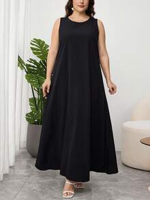 Al Najma 1pc Plus Size Women Plain Round Neck Sleeveless Arabic Style Dress - Black and White - View 4