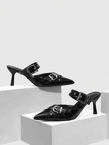 CUCCOO SZL Women's Pointed Toe Stiletto Heel Backless Pumps With Metal Buckle Decor Valentine's Day - Black - View 5