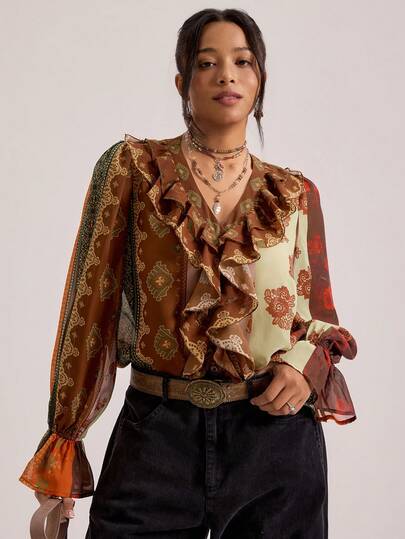 Freevana Camisa de manga larga con estampado floral, volantes y contraste de color para tallas grandes