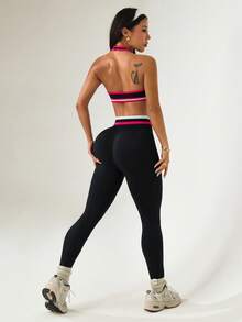 Dewbera 女士撞色滚边露背吊带上衣和紧身裤运动套装 - 黑色 - 查看 8