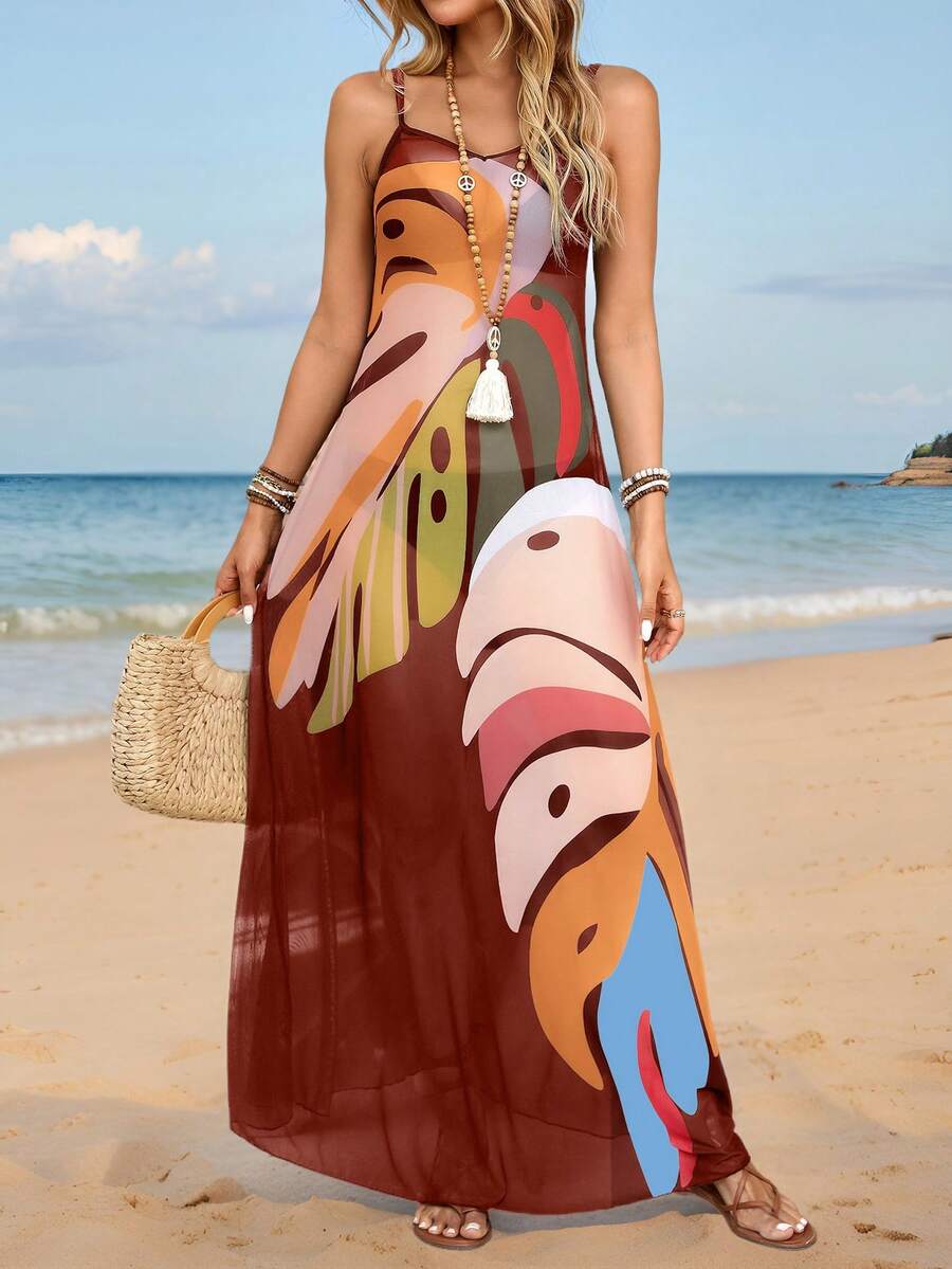 Swim Vcay Summer Outfits For Women Summer Women's Tropical Plant Print Beach Cover-Up With Adjustable Straps - Rust Brown - View 1