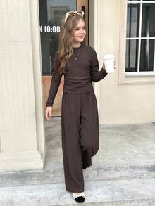 SHEIN Serisse Kids Tween Girls 纯咖啡色纹理针织侧褶紧身长袖 T 恤和阔腿裤两件套，基本款，日常款，适合返校 - 棕色 - 查看 7
