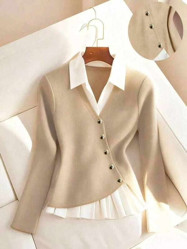 Franclia Women's Solid Khaki Color-Blocked Elegant Shirt Collar, Turn-Down Collar Long Sleeve Pleated Hem Layered Top, Autumn Women's Clothing, Casual Top, Women's Country Style Clothing, Winter Women's Clothing, Christmas Women's Clothing, Women's Autumn And Winter Work Commuting Outfit.Winter,Winter Clothes For Women,Christmas,New Year,New Year Clothes,Party,Beach,Elegant,Casual,Casual Blouse For Womengraduation Season Attire, Fashionable Casual Commuter Wear, Business Office Wear, Versatile And Stylish Everyday Casual Wear, Urban Teacher's Professional Attire
