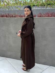 MDEdit Giacca lunga bordeaux con bottoni davanti a maniche lunghe, giacca casual da indossare tutti i giorni, cappotto di lana lungo vintage di colore bordeaux, caldo e spesso per l inverno, costumi vuoti per il Ringraziamento, costumi da donna per Ognissanti, cappotti lunghi da donna per l'inverno, abbigliamento natalizio da donna, cappotto trench da donna per l'autunno, outfit da donna per l'autunno - Caffè Marrone - Visualizzare 4