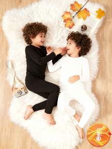 SHEIN Genkimix Kids 2pcs/Set Young BoyBlack & White Thermal Underwear Set, Long Sleeve Top And Long Pants - Multicolor - View 3