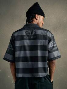 AXEPEAK 男士条纹字母印花拉链休闲短袖衬衫 - 彩色 - 查看 5
