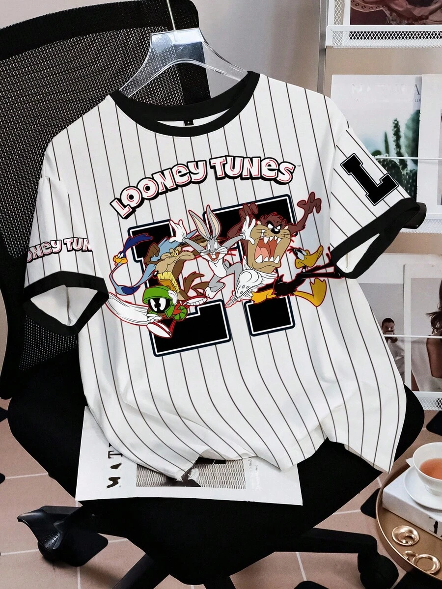 LOONEY TUNES X SHEIN 女士条纹卡通图案圆领短袖T恤 - 白色 - 查看 1