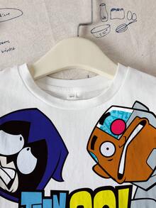 Teen Titans Go X SHEIN 青少年男孩夏季休闲卡通字母图案短袖T恤 - 白色 - 查看 3