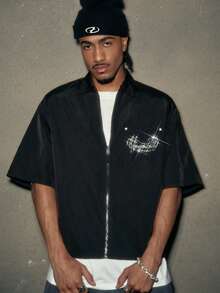 AXEPEAK Men's Loose Rhinestone Embellished Short Sleeve Shirt - Black - View 2