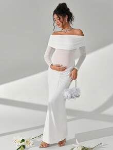 Cheriluna Maternity 优雅长袖孕妇连衣裙，适合拍摄的大气孕妇礼服 - 杏色 - 查看 5