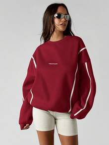 MISSGUIDED Oversized Crew Neck Sweatshirt With White Contrast Piping Detail For Fall Winter Casual Comfort Wear - Burgundy - View 3