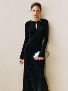 Arave Damen glänzendes elastisches Stoff X-förmiges Taille Cut Out Rücken Quasten Design elegantes Abendkleid - Schwarz - Übersicht 7