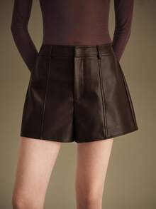 Ontre Women's Elastic Waist PU Leather Casual Shorts, Suitable For Urban Commute, Business, Party, Wedding Guest, Summer, Valentine's Day, New Year, Elegant And Fashionable - Brown - View 5