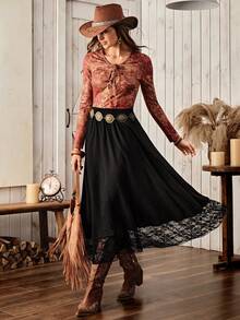 Wildy 休闲纯色西部乡村蕾丝拼接女裙，适合秋冬季日常穿着 - 黑色 - 查看 5