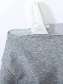 Sweetra 青少年女孩蝴蝶结印花不对称露肩不对称下摆休闲运动衫 - 灰色 - 查看 5