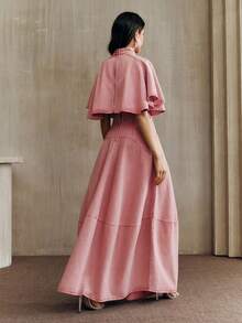 Anewsta 女士时尚粉色水洗牛仔两件套：荷叶边牛仔裙 + 牛仔披肩袖上衣，秋季 - 粉色 - 查看 2