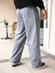 Manfinity Homme Quần vải lanh thô kẻ sọc cài nút phía trước cho nam, quần ống đứng dài có dây rút, dành cho chồng, quà tặng bạn trai, mùa thu - Xám - Xem 7