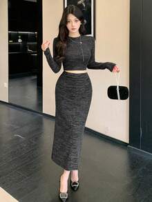 DAZY Bộ đồ 2 món thanh lịch dành cho nữ gồm áo thun cổ tròn và chân váy ôm sát, thích hợp cho mùa Thu/Đông. - Màu xám đen - Xem 3