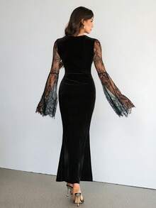 SHEIN Tall 哥特风甜心领蕾丝喇叭袖丝绒修身连衣裙，优雅性感，适合万圣节派对、春夏穿着。 - 黑色 - 查看 2