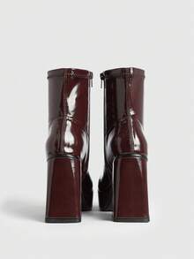 SHEIN X Lucía Bellido Sugerpunk Women's Fashion Versatile Commuting Thick Sole Chunky High Heel Ankle Boots - Mocha Brown - View 3