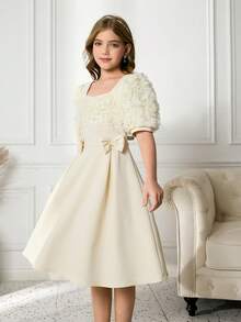 Tween Girls Elegant Party Solid Color 3D Floral Decor Dress - Apricot - View 7