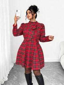 Elenzga Plus Size Women's Christmas Plaid Bow A-Line Mini Dress - Red - View 6