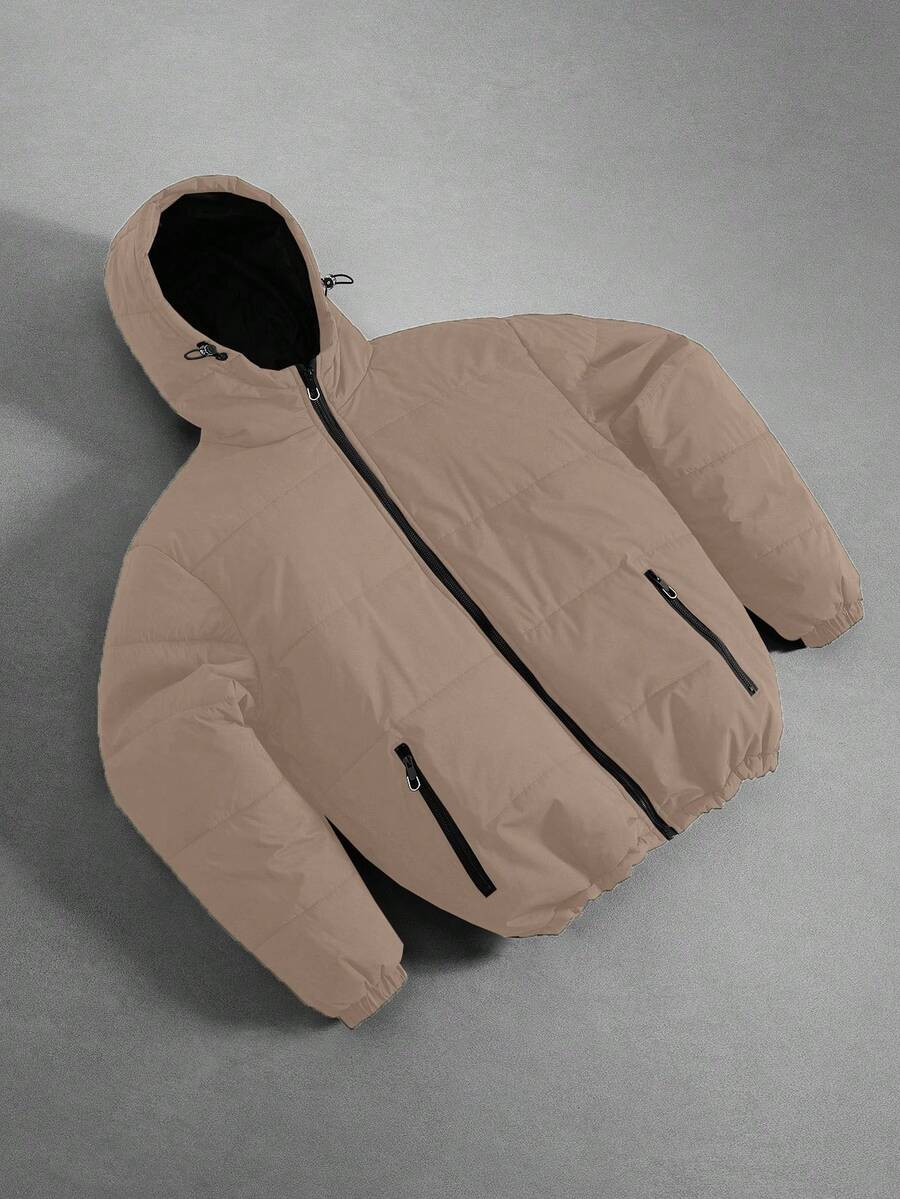 Manfinity Hypemode 男士休闲纯色连帽夹克，度假百搭 - 卡其色 - 查看 1