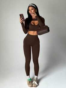 Dewbera Women's Solid Color Long Sleeve Top + Camisole + High Waist Pants Sports Suit - Coffee Brown - View 4