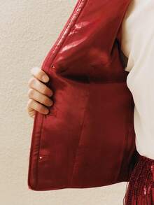 Arave Women's Plaid Embroidered Sequined Overcoat, H-Line Silhouette, Round Neck, Hand-Beaded Design, Modern Party Jacket   Red Coat  New Year Coat