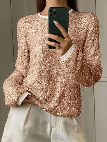 Livesso 女士宽松亮片银色休闲圆领T恤，新年闪亮嘉年华上衣 - 杏色 - 查看 3